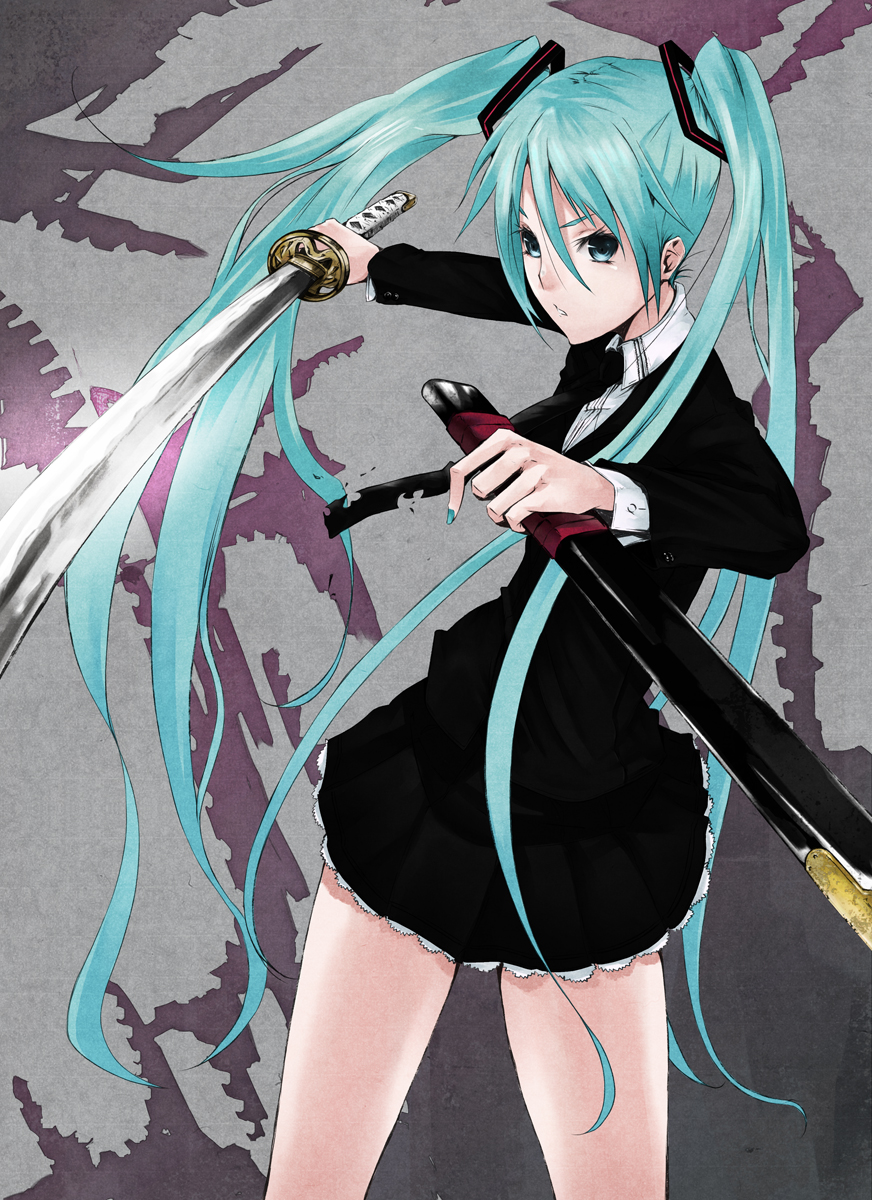 mille (dieci), mirre, hatsune miku, vocaloid, highres, 1girl, aqua eyes, aqua hair, female focus, katana, long hair, necktie, sheath, solo, sword, twintails, very long hair, weapon