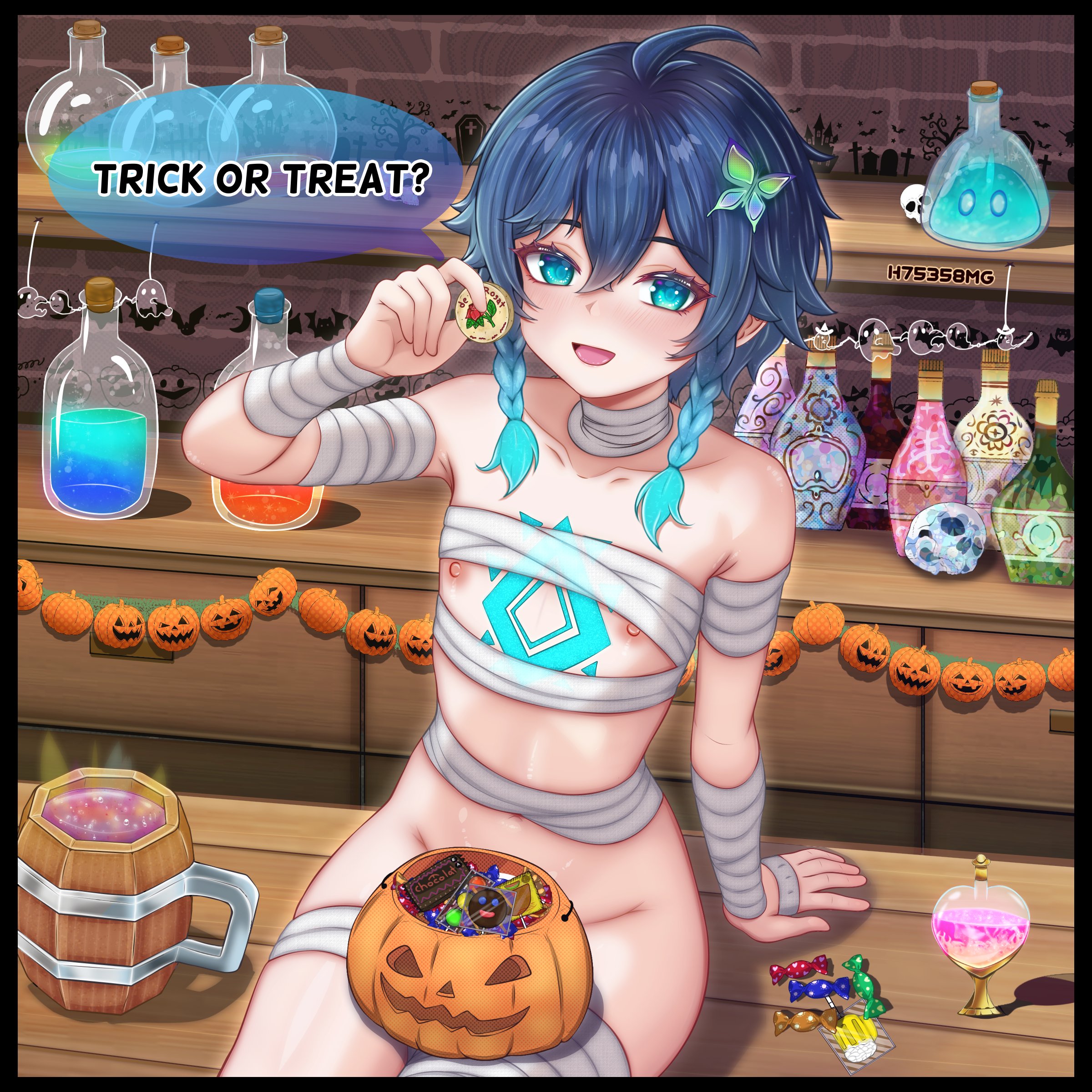 hacker75358mg, venti (genshin impact), genshin impact, absurdres, highres, 1boy, artist name, bandaged arm, bandaged chest, bandages, blush, bottomless, braid, candy, chest tattoo, cup, english text, food, green eyes, green hair, halloween, halloween costume, jack-o'-lantern, looking at viewer, male focus, mug, mummy costume, naked bandage, nipples, open mouth, sitting, solo, tattoo, trap, twin braids