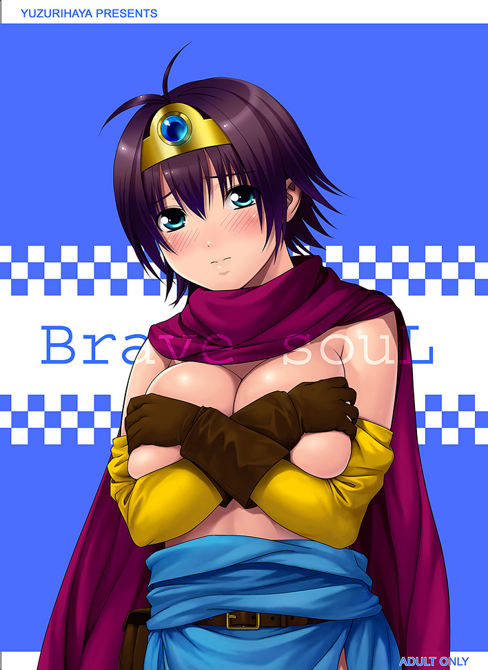yuzuriha (active homing), roto (dq3), chunsoft, dragon quest, dragon quest iii, enix, breast hold, bad id, bad pixiv id, 1girl, blue eyes, blush, breasts, cape, circlet, covering breasts, covering privates, female focus, gloves, large breasts, purple hair, short hair, solo, topless female