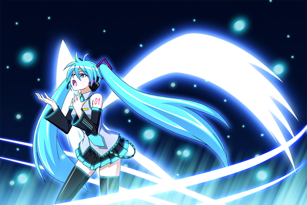 h-new, hatsune miku, vocaloid, aqua eyes, aqua hair, headphones, long hair, open mouth, solo, thighhighs, twintails, very long hair, zettai ryouiki