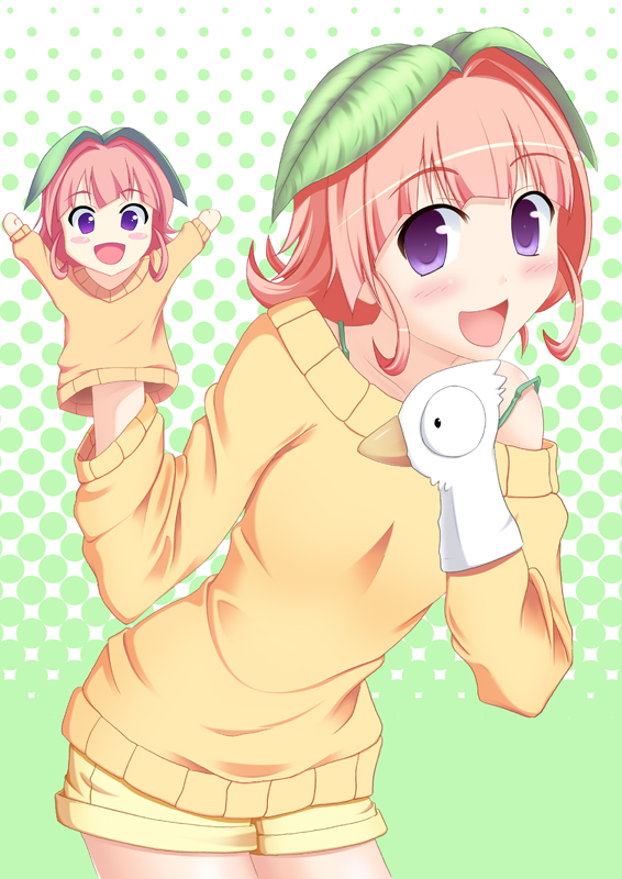 blue (blue rice field), nobiru-chan, homerarete nobiru radio pp, 1girl, female focus, halftone, halftone background, leaf, open mouth, puppet, purple eyes, red hair, short hair, solo