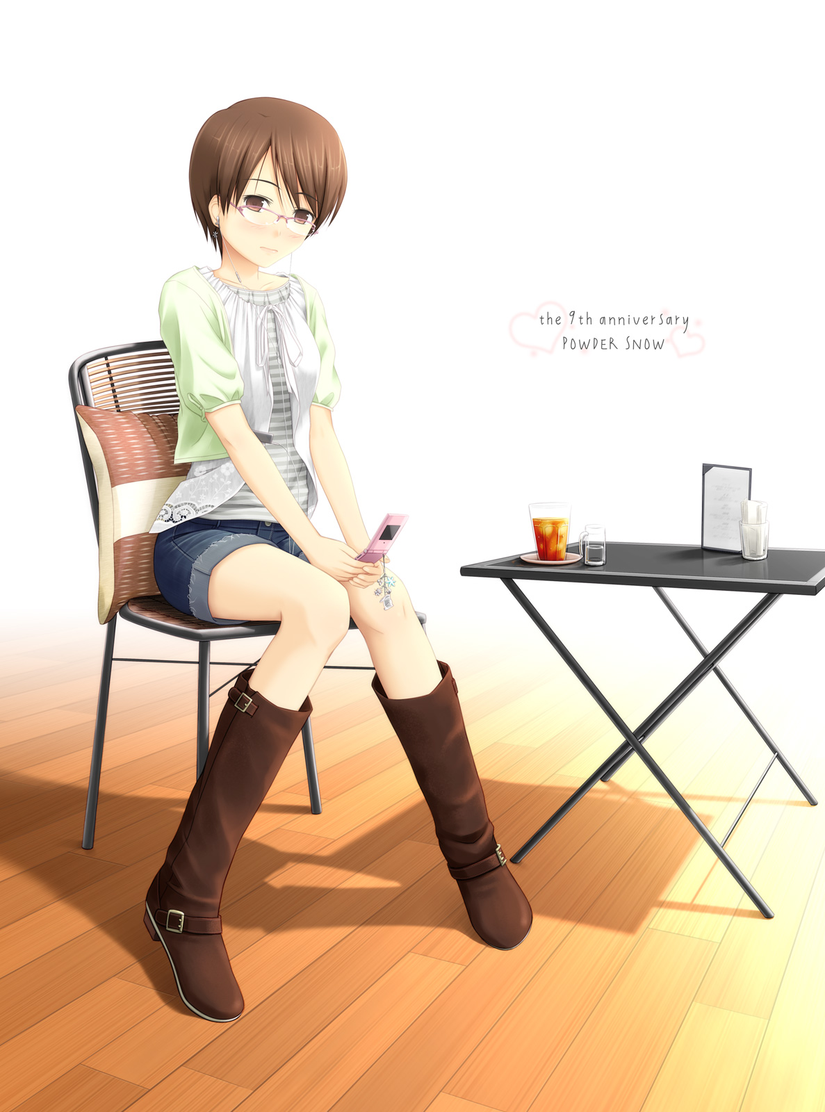 ogata, original, striped, highres, blush, boots, brown eyes, brown hair, cafe, cellphone, chair, denim, denim shorts, full body, glass, glasses, knee boots, knees together feet apart, menu, phone, pillow, short hair, shorts, sitting, solo, table