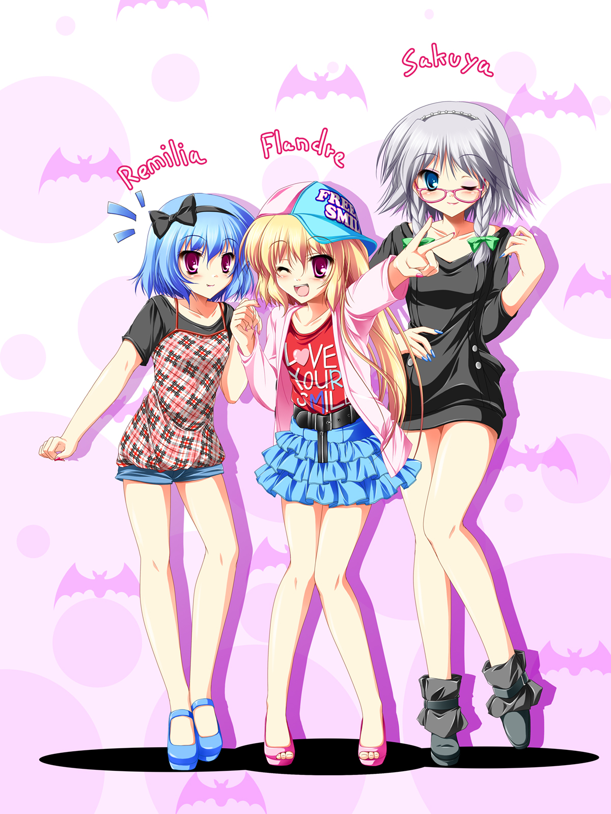 kamiya tomoe, flandre scarlet, izayoi sakuya, remilia scarlet, touhou, highres, 3girls, alternate costume, bat (animal), bespectacled, blonde hair, blue eyes, blue hair, casual, contemporary, english text, female focus, glasses, grey hair, hat, heart, high heels, multiple girls, nail polish, no socks, one eye closed, red eyes, sandals, shoes, short shorts, shorts, skirt, v, wink