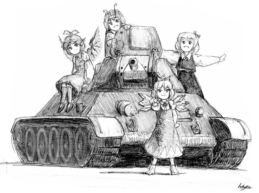 hokuyoo, cirno, mystia lorelei, rumia, t-34, wriggle nightbug, touhou, vehicle, traditional media, 4girls, caterpillar tracks, greyscale, military, military vehicle, monochrome, motor vehicle, multiple girls, parody, sketch, style parody, tank, team 9 (touhou), zun (style)