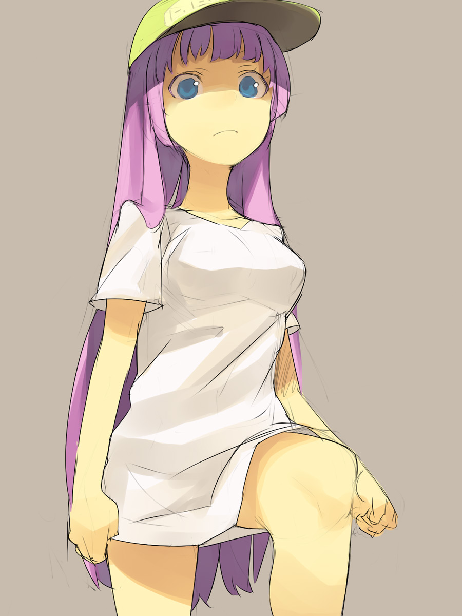 hama (22ji kara 24ji), original, highres, 1girl, blue eyes, dress shirt, female focus, hat, legs, long hair, pink hair, purple hair, shirt, simple background, sketch, solo