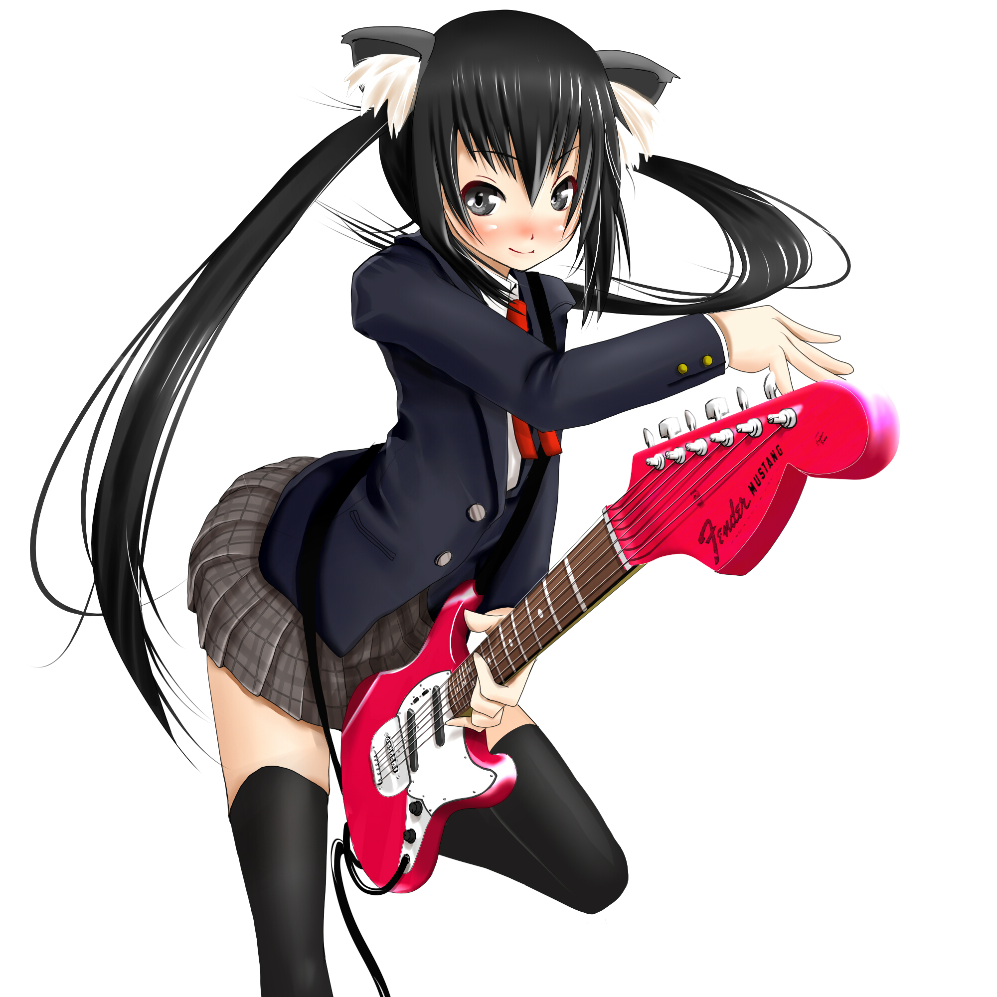 nokiguchi chika, nakano azusa, k-on!, highres, 00s, 1girl, animal ears, black hair, black thighhighs, blush, cat ears, cat girl, female focus, grey eyes, guitar, instrument, long hair, looking at viewer, mustang (guitar), plaid clothes, plaid skirt, sakuragaoka high school uniform, school uniform, simple background, skirt, smile, solo, thighhighs, twintails, white background, zettai ryouiki