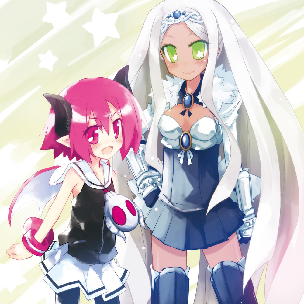yukitarou (awamori), raspberyl, sapphire rhodonite, disgaea, makai senki disgaea 3, 2girls, :d, blush, bracelet, breasts, child, cleavage, dark-skinned female, dark skin, fang, gauntlets, green eyes, hand on own hip, horns, jewelry, long hair, medium breasts, multiple girls, open mouth, pantyhose, pink eyes, pink hair, pointy ears, short hair, skirt, slit pupils, small breasts, smile, star (symbol), thighhighs, tiara, very long hair, white hair, wings