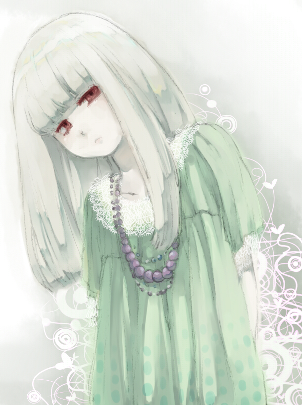 chito04, bad id, bad pixiv id, albino, blush, dress, jewelry, necklace, pale skin, red eyes, solo, white hair