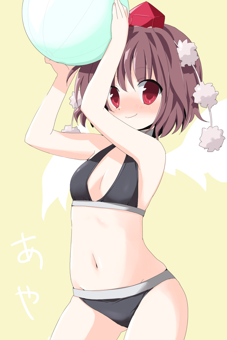 ica, shameimaru aya, touhou, bad id, bad pixiv id, 1girl, arms up, ball, beachball, bikini, black bikini, blush, brown hair, female focus, flat chest, hat, looking at viewer, navel, red eyes, short hair, simple background, smile, solo, swimsuit