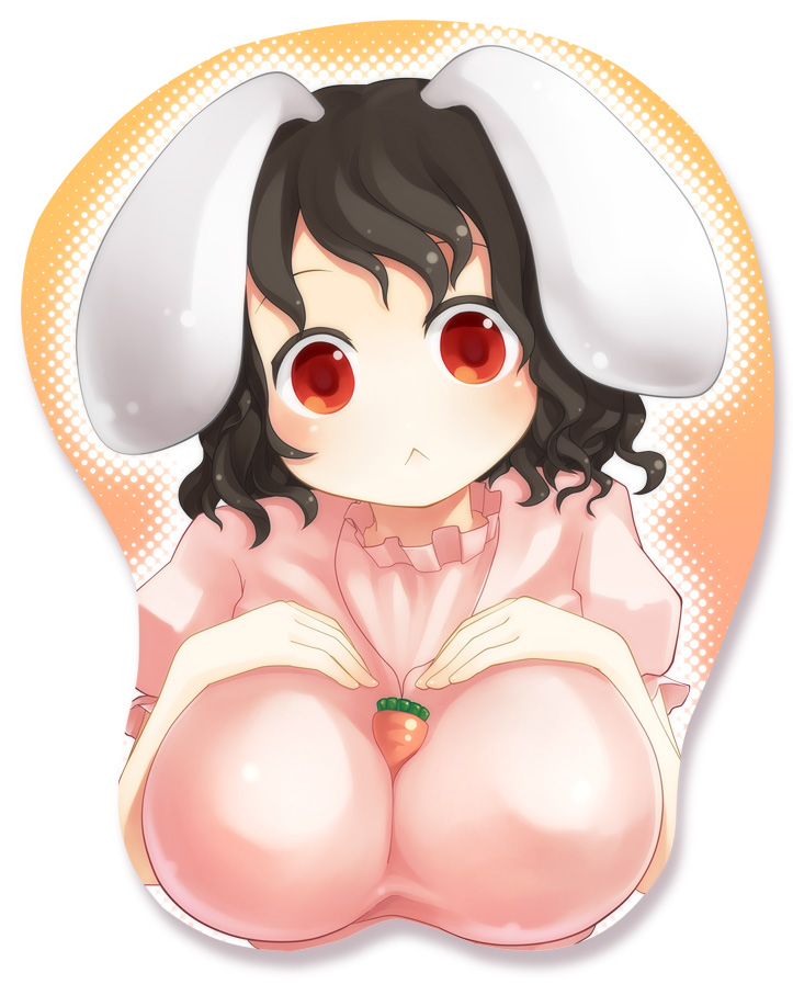 manobana nodoka, manoha (sawayaka-batake), inaba tewi, touhou, bad id, bad pixiv id, 1girl, :<, aged up, alternate breast size (larger), animal ears, between breasts, black hair, blush, breast mousepad, breasts, carrot, cleavage, female focus, large breasts, mousepad (medium), rabbit ears, red eyes, short hair, solo