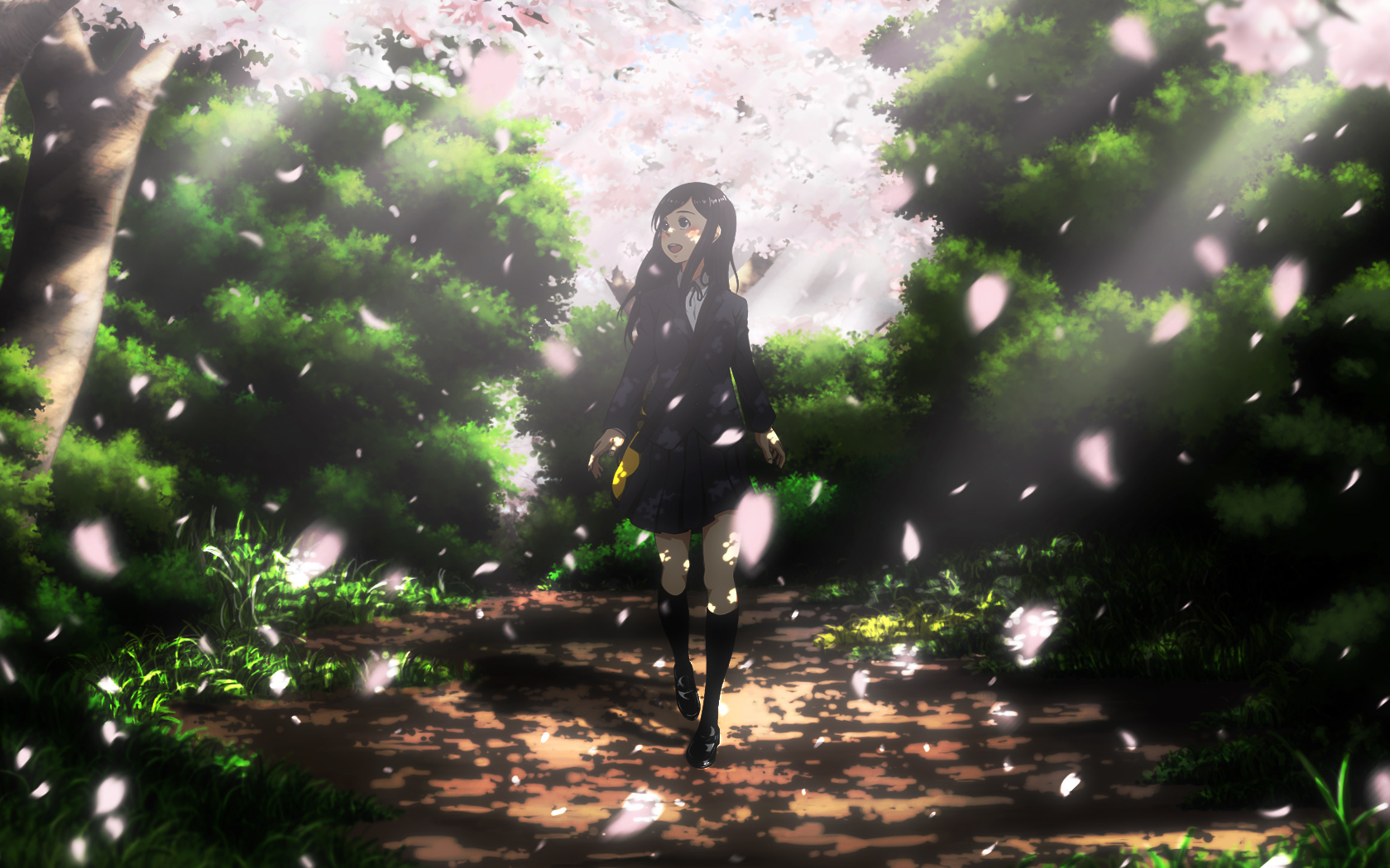 bookiti, original, light, bad id, bad pixiv id, commentary, highres, translation request, 1girl, bag, black hair, black socks, blurry, blush, cherry blossoms, depth of field, female focus, forest, light rays, long hair, nature, open mouth, petals, scenery, school uniform, skirt, socks, solo, sunbeam, sunlight, tree, walking
