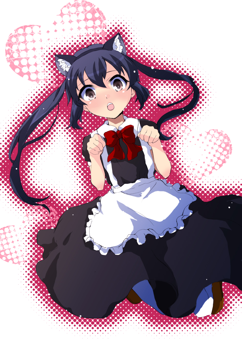 tottsuan, nakano azusa, k-on!, highres, 00s, 1girl, alternate costume, animal ears, apron, black hair, blush, brown eyes, cat ears, cat girl, enmaided, female focus, halftone, halftone background, heart, long hair, maid, maid apron, open mouth, pantyhose, ribbon, solo, twintails