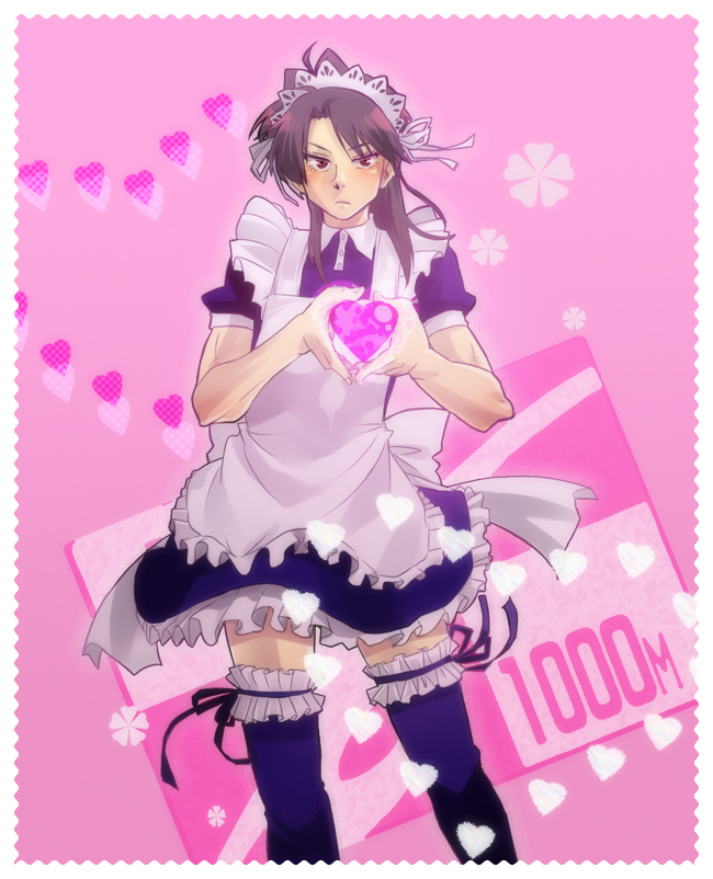 komio (do@ho), komio nami, ichijou (kaiji), kaiji, bad id, bad pixiv id, 1boy, apron, brown eyes, brown hair, crossdressing, crossdressing (mtf), dress, heart, heart hands, long hair, maid, maid apron, maid headdress, male focus, male maid, moe moe kyun!, parody, pink background, pink theme, solo, thighhighs, zettai ryouiki