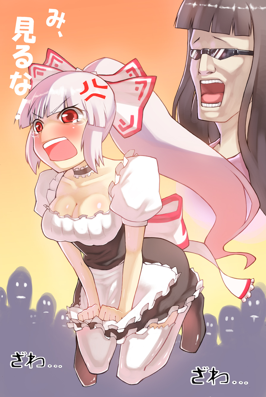 takeda kanryuusai, fujiwara no mokou, houraisan kaguya, touhou, silver hair, bad id, bad pixiv id, highres, 2girls, anger vein, angry, apron, black hair, blush, bow, breasts, cleavage, embarrassed, female focus, hair ribbon, hime cut, large breasts, long hair, maid, maid apron, man face, multiple girls, open mouth, ponytail, red eyes, ribbon, sunglasses, tears, thighhighs