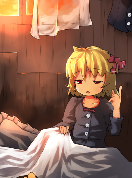 murani, rumia, embodiment of scarlet devil, touhou, 1girl, bed sheet, blonde hair, collarbone, curtains, female focus, hair ribbon, index finger raised, messy hair, pajamas, pillow, red eyes, ribbon, short hair, sitting, sleepy, solo, toes, twirling hair, window