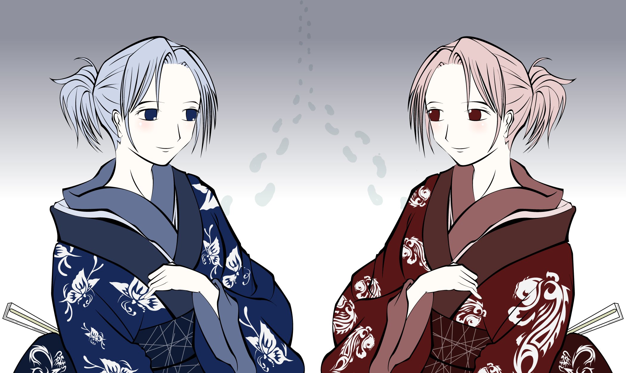 highres, 2girls, blue eyes, blue hair, footprints, japanese clothes, kimono, multiple girls, pale skin, red eyes, red hair, short hair