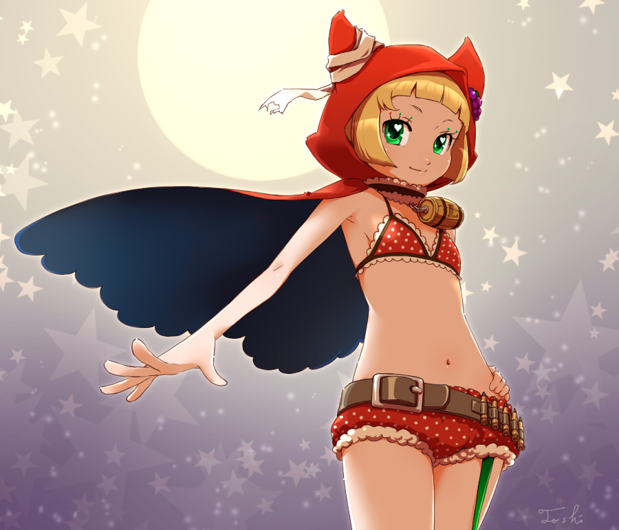 toshi punk, little red riding hood (fairy tale character), little red riding hood (fairy tale), 1girl, animal ears, animal hood, bandolier, belt, bikini, blonde hair, bullet, cape, cat hood, child, female focus, flat chest, green eyes, hood, moon, panties, polka dot, polka dot bikini, polka dot swimsuit, red bikini, red cape, short hair, smile, solo, star (symbol), swimsuit, underwear