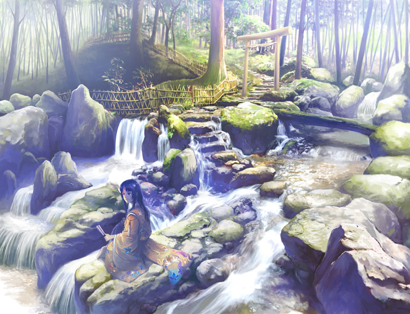 hiraoka masamune, original, black hair, fence, forest, hime cut, japanese clothes, kimono, long hair, nature, rock, scenery, solo, stream, torii, water, waterfall