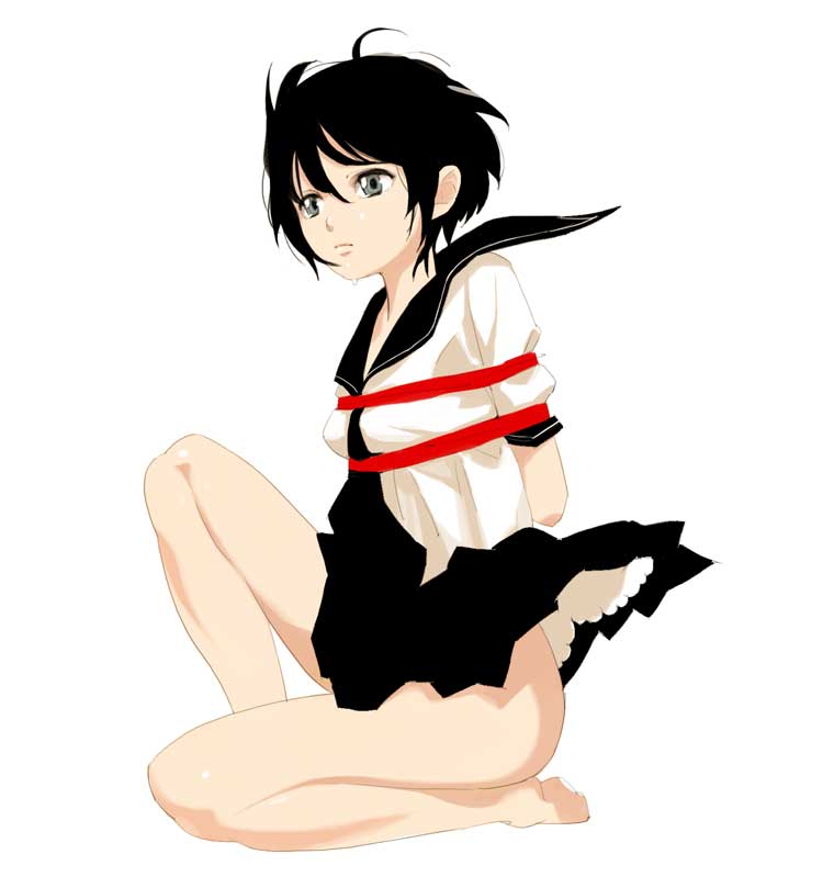9aki, jpeg artifacts, 1girl, barefoot, bdsm, black hair, bondage, bound, female focus, kneeling, no panties, school uniform, short hair, simple background, skirt, solo, white background