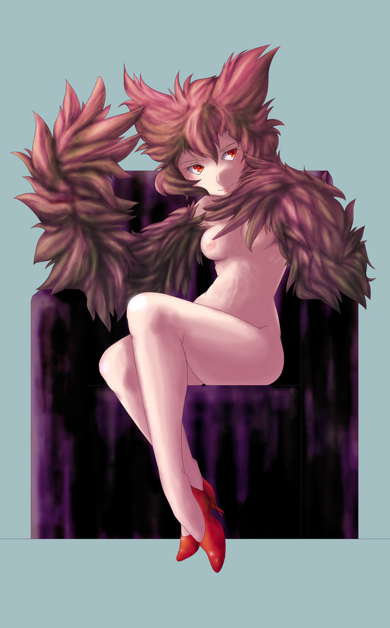 drias, original, highres, 1girl, bird, breasts, female focus, high heels, hip focus, monster girl, nipples, nude, owl, red eyes, shoes, sitting, small breasts, smile, solo, wide hips, winged arms, wings