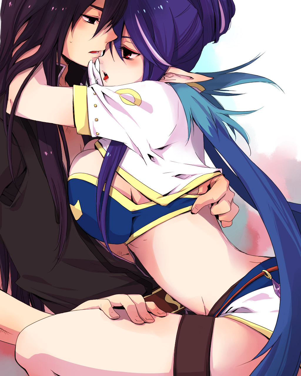 hidaka ryou, judith (tales), yuri lowell, tales of (series), tales of vesperia, highres, 00s, 1boy, 1girl, blue hair, blush, breast press, breasts, couple, gloves, hetero, hug, huge breasts, large breasts, legs, long hair, midriff, open mouth, pointy ears, purple hair, red eyes, sitting, sitting on lap, sitting on person, thigh strap, thighs, tongue, twintails, very long hair, white gloves