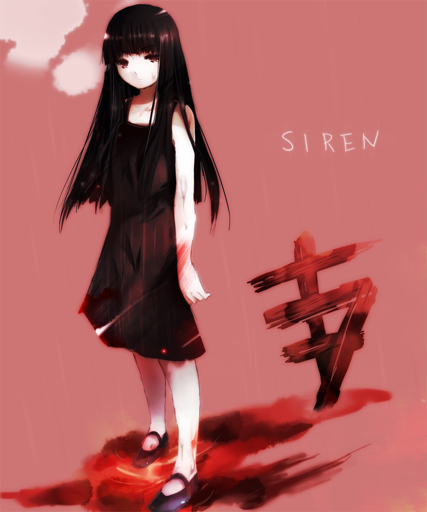 aquamarine, kajiro miyako, siren (series), black hair, blind, blood, blunt bangs, dress, hime cut, long hair, mary janes, red eyes, shoes, solo
