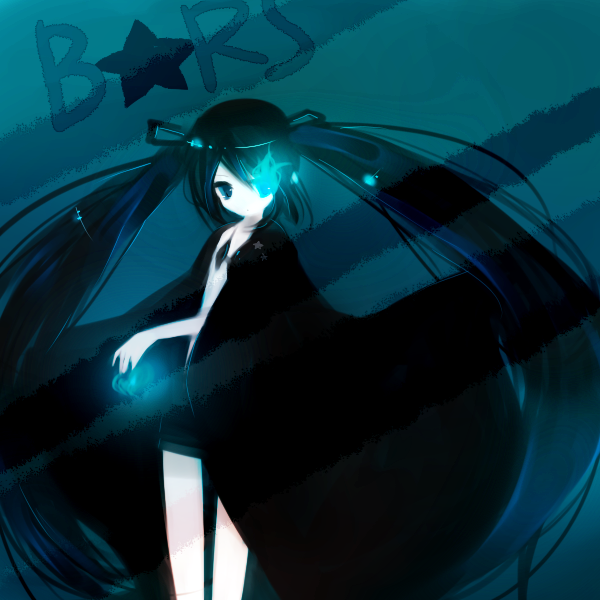 teyuruun, black rock shooter (character), black rock shooter, vocaloid, bad id, bad pixiv id, 10s, 1girl, bikini, bikini top only, black hair, blue eyes, cape, female focus, flat chest, glowing, glowing eyes, long hair, monochrome, shorts, solo, swimsuit, twintails