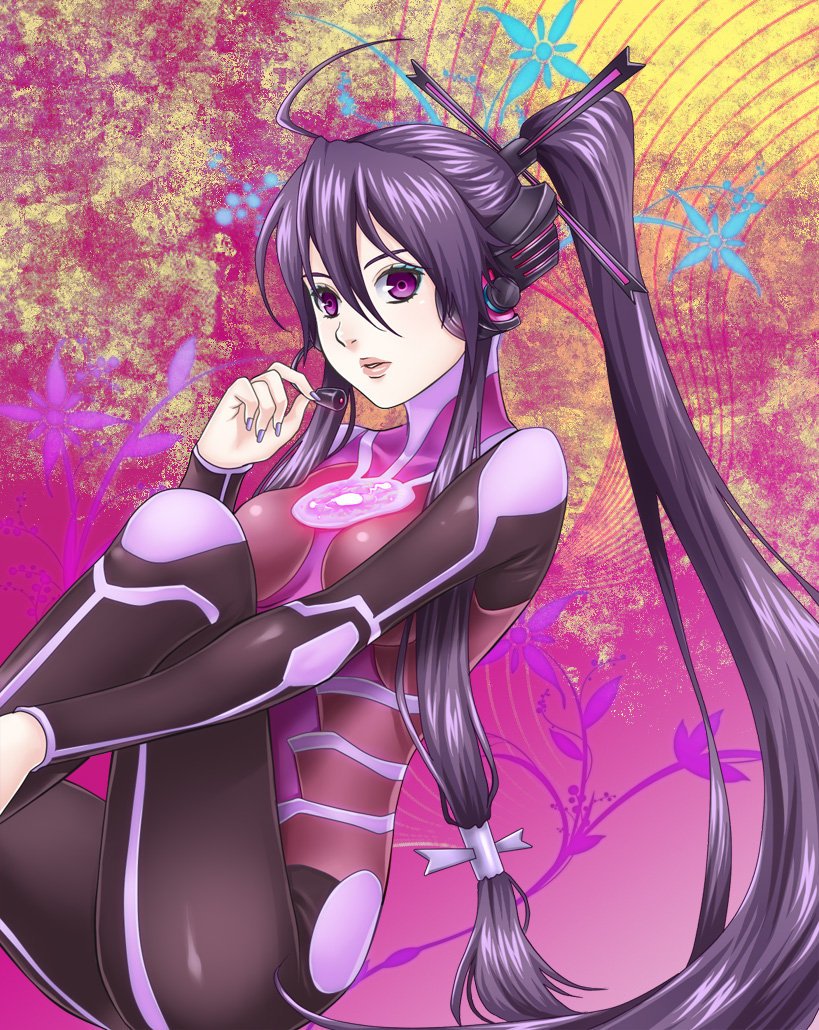 ohse, gakuko, kamui gakupo, vocaloid, bad id, bad pixiv id, gender request, 1girl, bodysuit, female focus, genderswap, long hair, microphone, nail polish, ponytail, purple eyes, purple hair, purple nails, solo