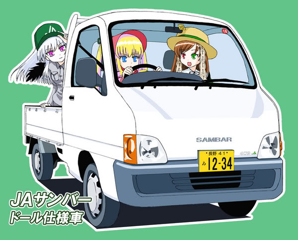 kozou (rifa), resi, shinku, suigintou, suiseiseki, rozen maiden, eyebrows, resized, 3girls, blonde hair, cosplay, hat, heterochromia, kei truck, motor vehicle, multiple girls, pickup truck, truck