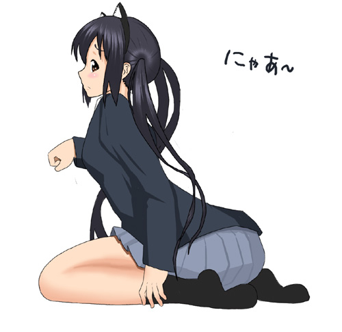 tako (pixiv), takotako60, nakano azusa, k-on!, bad id, bad pixiv id, lowres, 00s, 1girl, animal ears, black hair, blush, brown eyes, cat ears, female focus, kneeling, long hair, nyan, paw pose, school uniform, skirt, solo, twintails