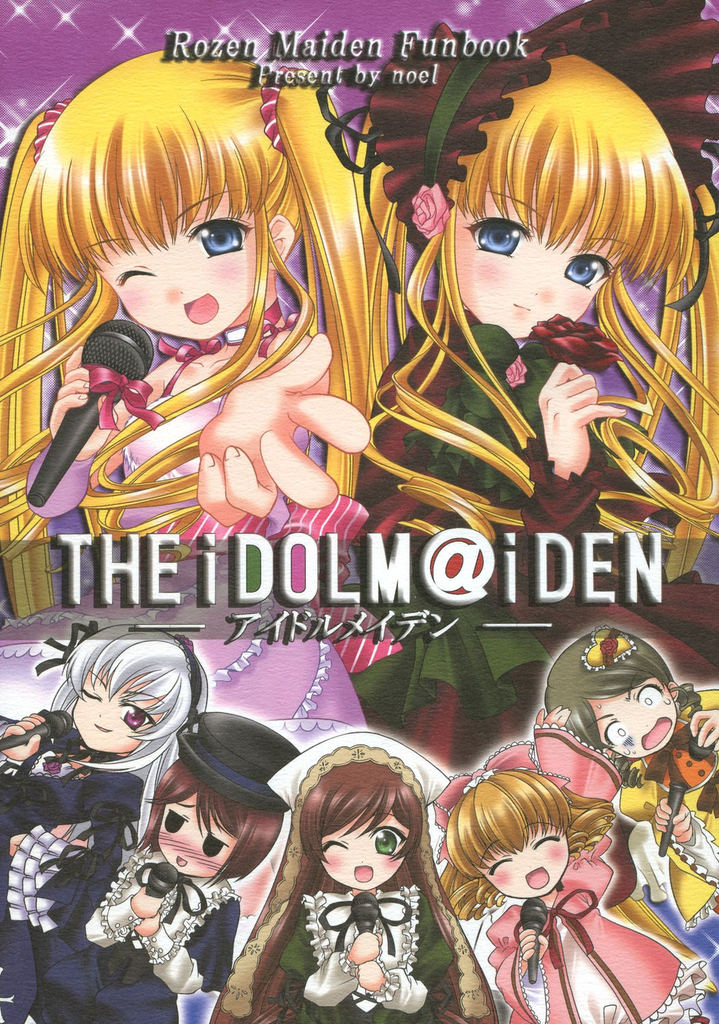 hinaichigo, kanaria, shinku, souseiseki, suigintou, suiseiseki, takatsuki yayoi, idolmaster, idolmaster (classic), rozen maiden, 6+girls, blonde hair, cosplay, cover, fanbook, flower, hat, heterochromia, microphone, multiple girls, music, one eye closed, parody, rose, shinku (cosplay), siblings, sisters, takatsuki yayoi (cosplay), twins, wink