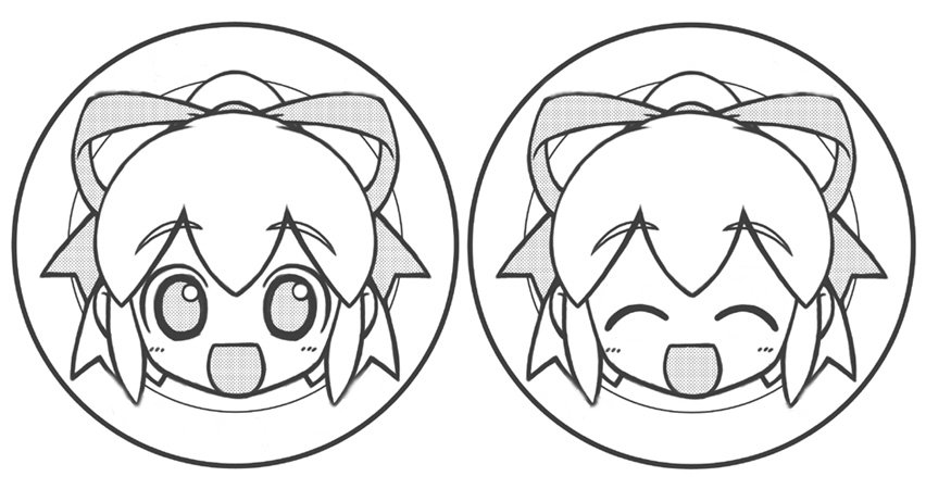 roll (mega man), capcom, mega man (classic), mega man (series), ^ ^, blush, bow, chibi, closed eyes, happy, logo, monochrome, open mouth, ponytail, ribbon, short hair