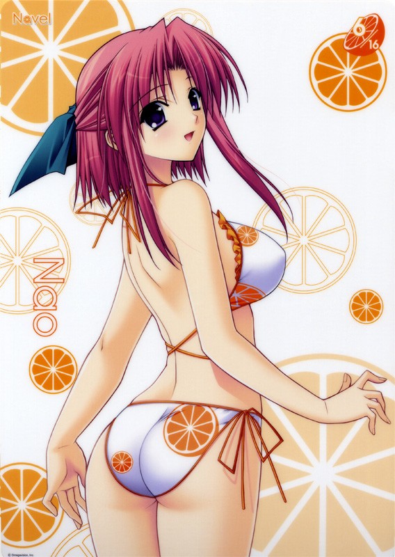 bikini, blush, bra, hair ribbon, lingerie, red hair, ribbon, swimsuit, thighhighs, turning head, underwear