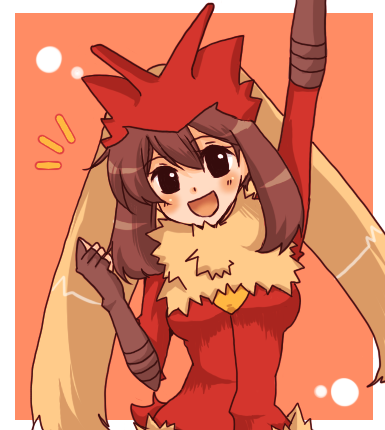 blaziken, may (pokemon), nintendo, pokemon, lowres, blush, breasts, cosplay, gen 3 pokemon, large breasts, smile