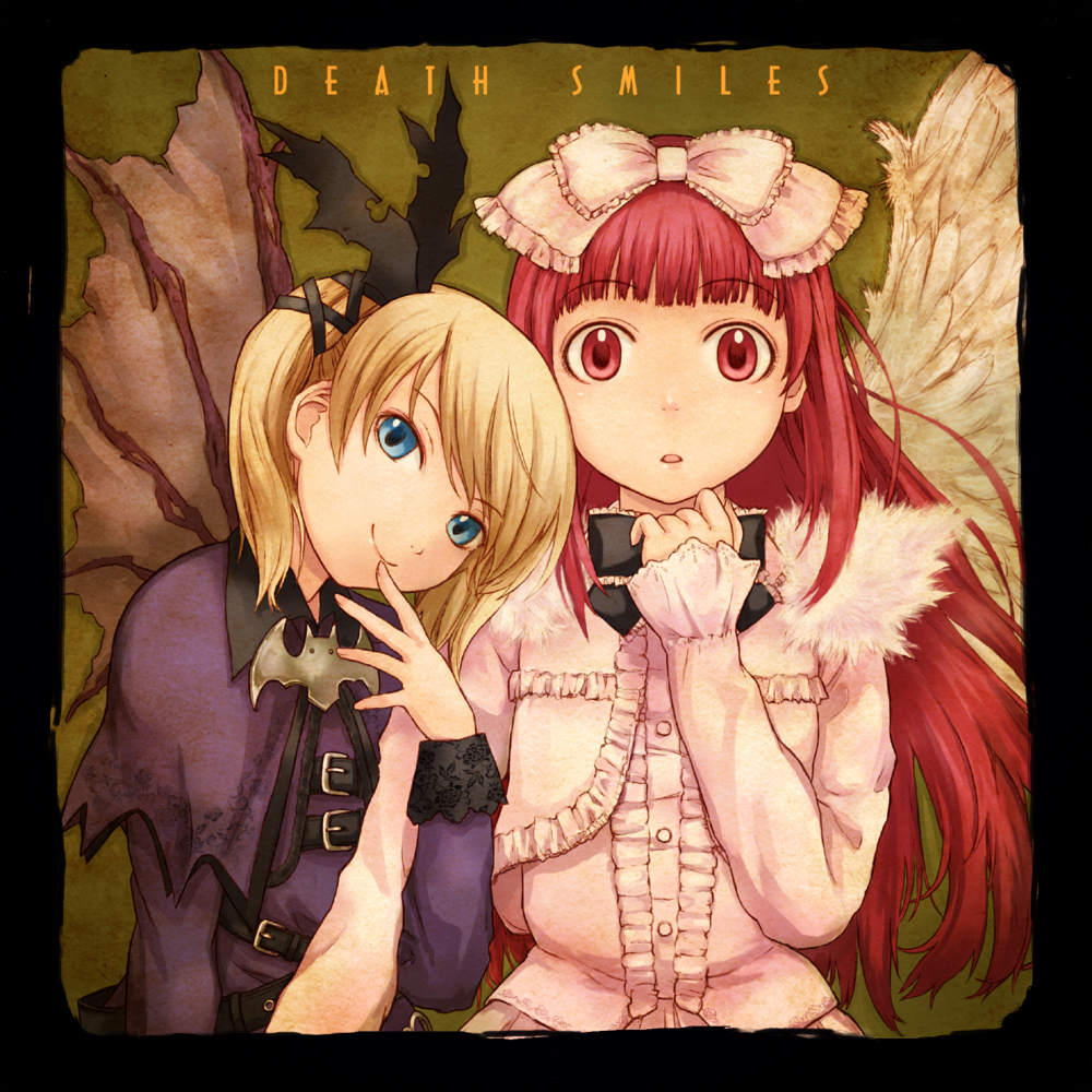 takagi hideaki, casper (deathsmiles), windia (deathsmiles), cave (developer), deathsmiles, bad id, bad pixiv id, 2girls, :o, angel wings, bat wings, blonde hair, blue eyes, hair ribbon, multiple girls, red eyes, red hair, ribbon, short hair, smile, wings