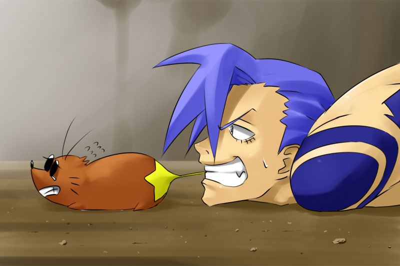 kaisen chuui, boota (ttgl), kamina (ttgl), tengen toppa gurren lagann, 00s, 1boy, biting, blue hair, bodypaint, male focus, solo, sweatdrop, tail, tattoo, tears, teeth