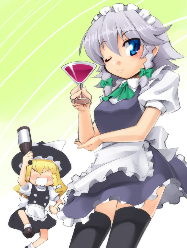 kanno, izayoi sakuya, kirisame marisa, touhou, silver hair, 2girls, alcohol, blonde hair, blue eyes, bottle, braid, female focus, hairband, hat, multiple girls, short hair, twin braids, wine, witch, witch hat