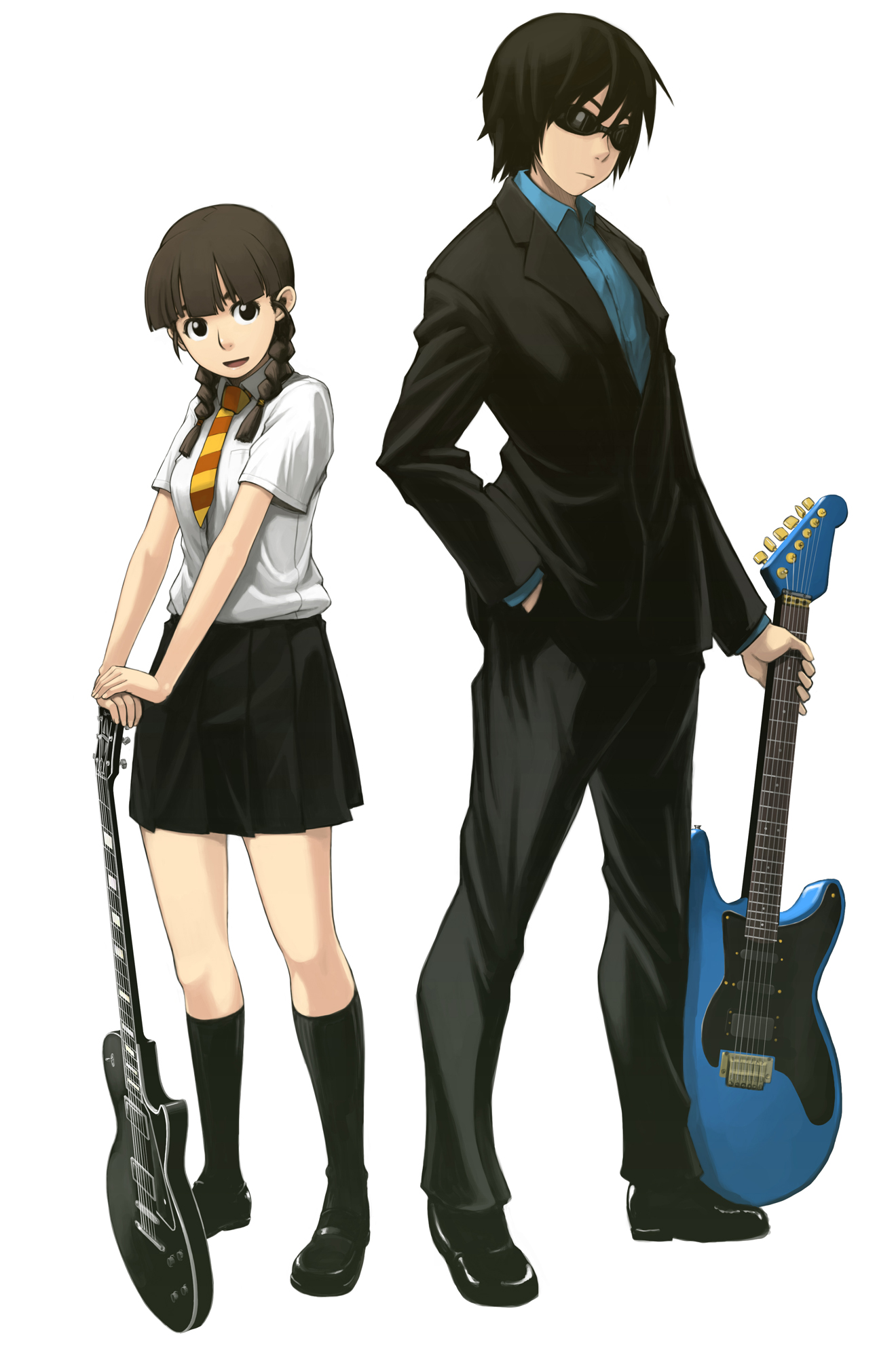 tachibana midori, tachibana roku, original, highres, 1boy, 1girl, braid, guitar, instrument, school uniform, skirt, twin braids