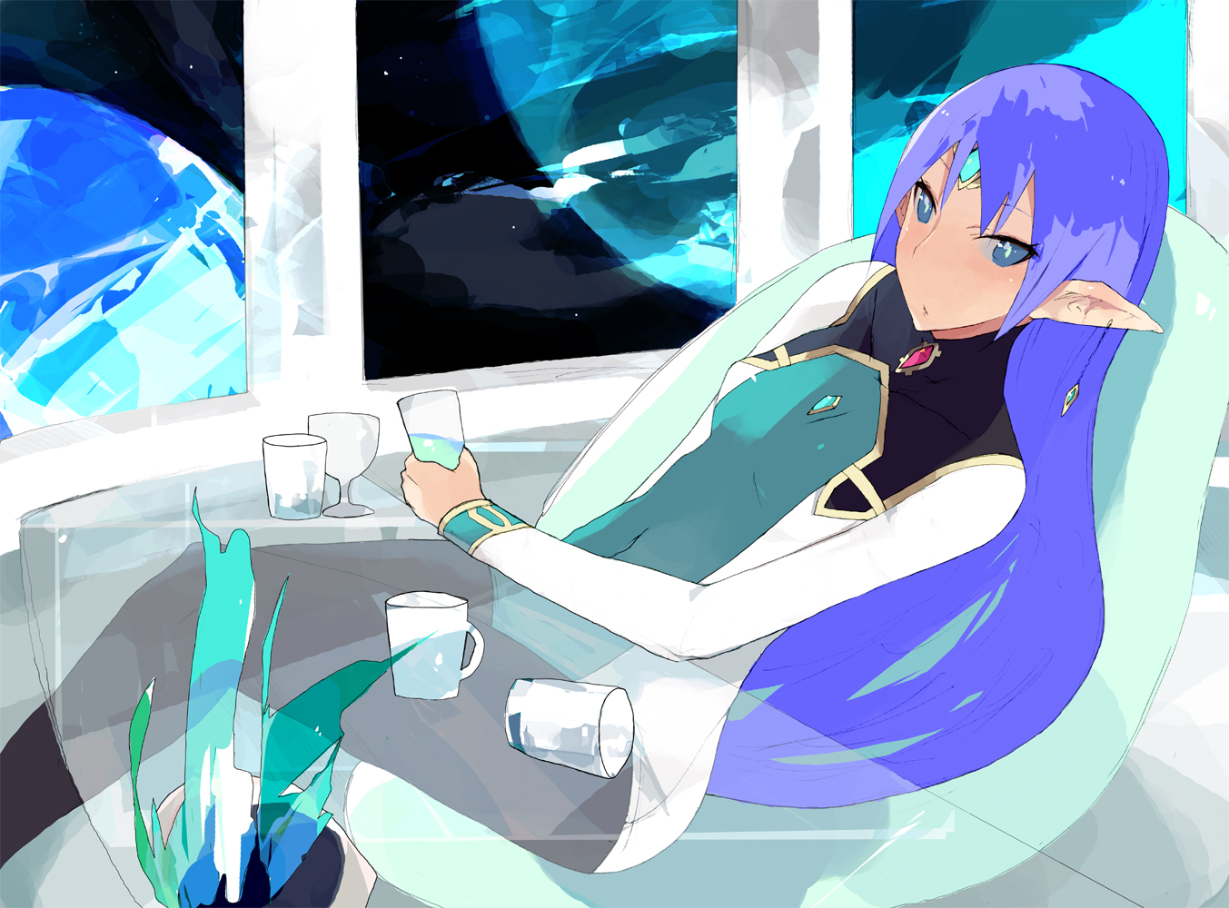 brws, lafiel, seikai no senki, bad id, bad pixiv id, 1girl, blue eyes, cup, drunk, female focus, indoors, long hair, lying, pantyhose, planet, plant, pointy ears, purple hair, seikai no monsho, solo, space