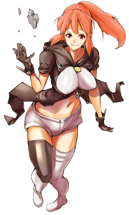 aguhari, tenjuin marie, psyren, bad id, bad pixiv id, breasts, gloves, large breasts, midriff, orange hair, ponytail, shorts, smile, solo, thighhighs