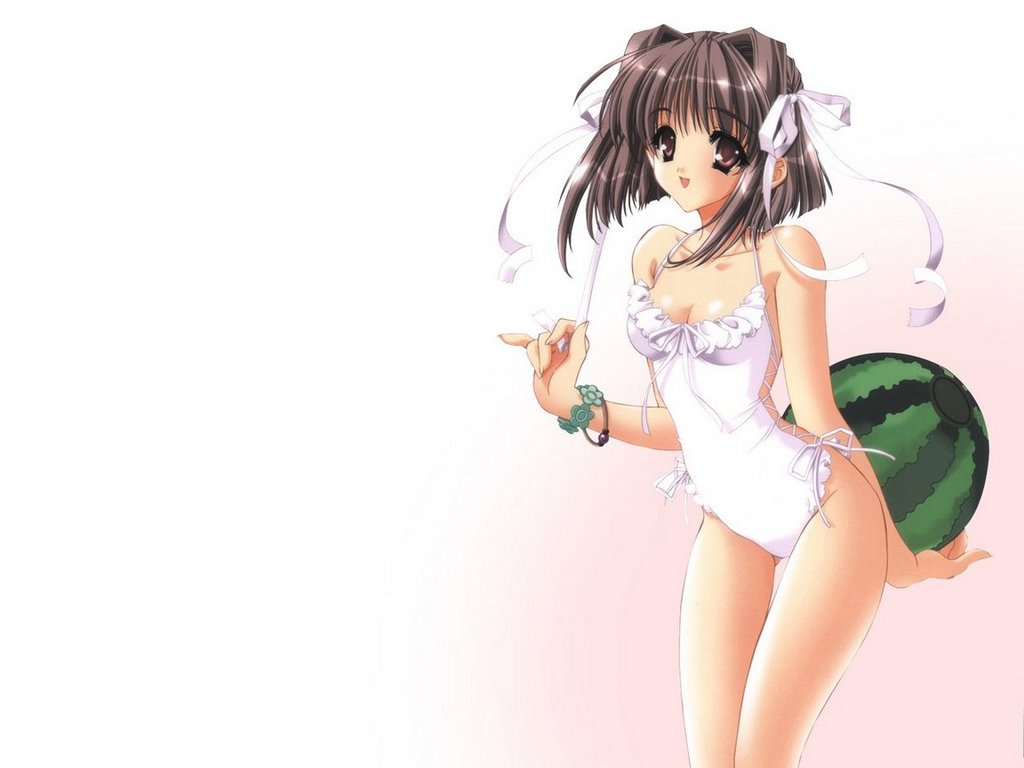 blush, breasts, brown hair, cleavage, food, fruit, hair ribbon, happy, red eyes, ribbon, short hair, swimsuit, watermelon