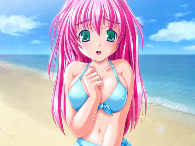 character request, beach, blush, bra, breasts, green eyes, lingerie, long hair, looking at viewer, navel, pink hair, underwear