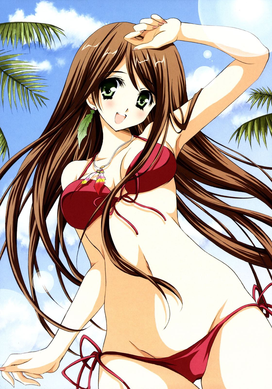 character request, highres, beach, bikini, blush, bra, brown hair, earrings, green eyes, happy, jewelry, lingerie, long hair, palm tree, swimsuit, tree, underwear