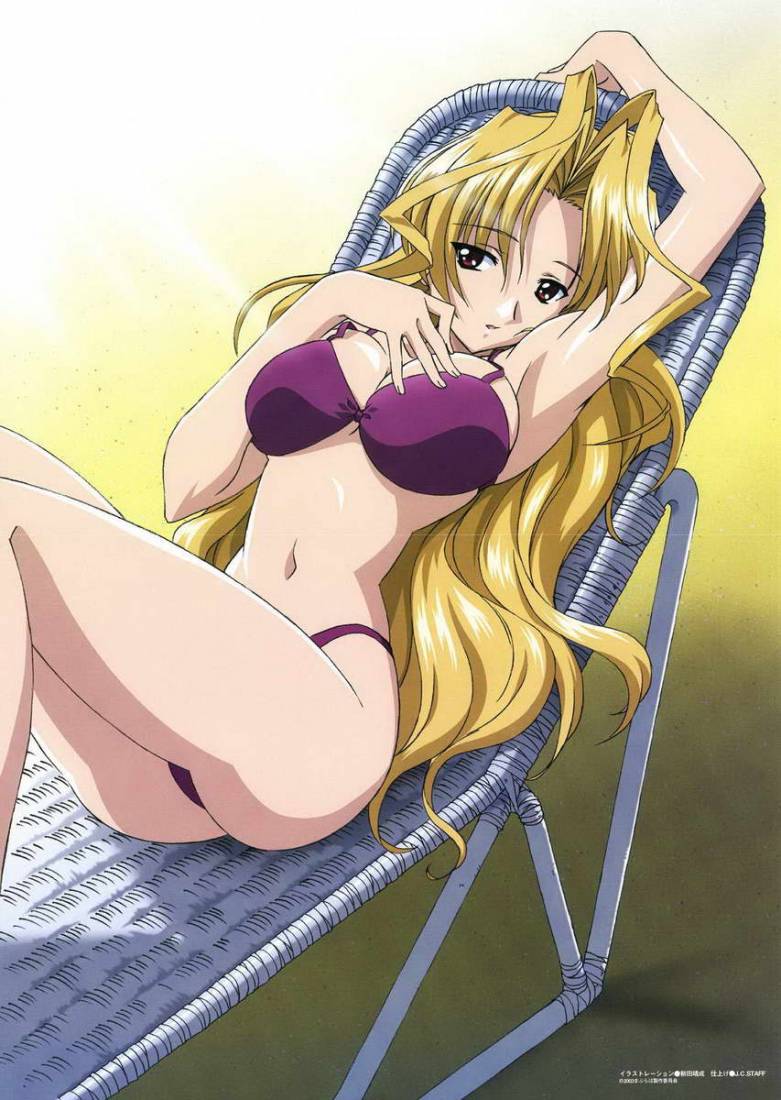maburaho, bikini, blonde hair, bra, lingerie, long hair, looking at viewer, navel, swimsuit, thighhighs, underwear