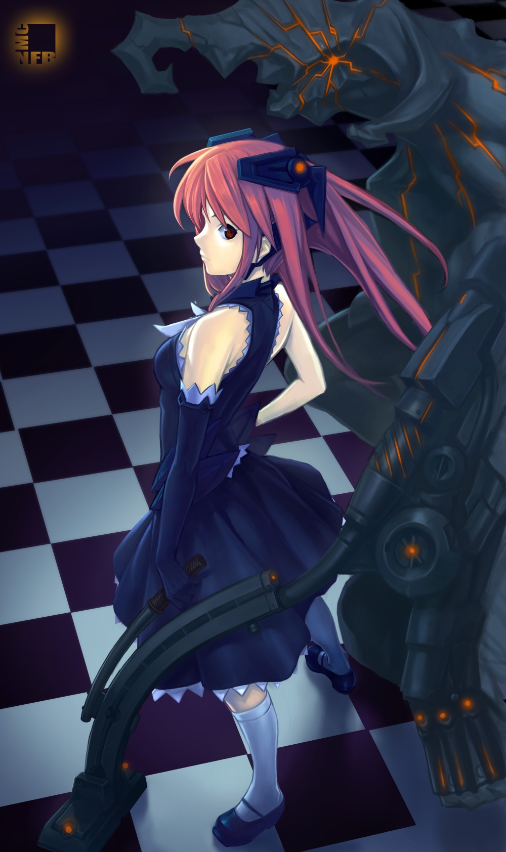 nfb-zmc, original, bad id, bad pixiv id, highres, dress, elbow gloves, gloves, kneehighs, mecha, pink hair, red eyes, robot, socks, solo, vacuum cleaner