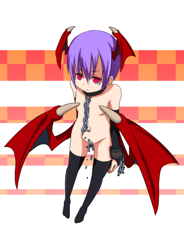 n (ruff), ruff (pixiv), lilith (darkstalkers), capcom, darkstalkers, bridal gauntlets, censored, chain, chibi, collar, convenient censoring, demon girl, flat chest, head wings, nude, purple hair, red eyes, sad, short hair, solo, thighhighs, wings