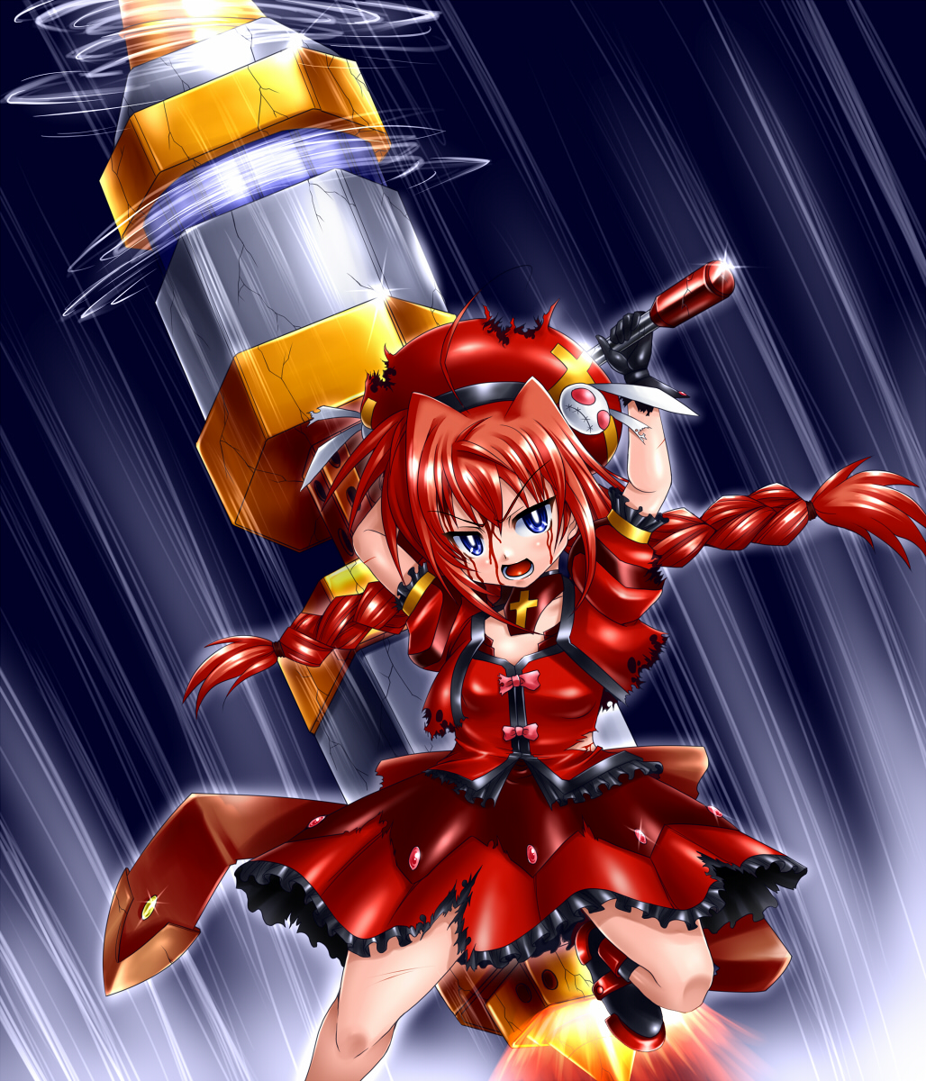 gao (artist), gao (naodayo), graf eisen, vita (nanoha), lyrical nanoha, mahou shoujo lyrical nanoha, mahou shoujo lyrical nanoha strikers, highres, 00s, blood, blue eyes, boots, braid, dress, gloves, hat, injury, red hair, torn clothes, twin braids