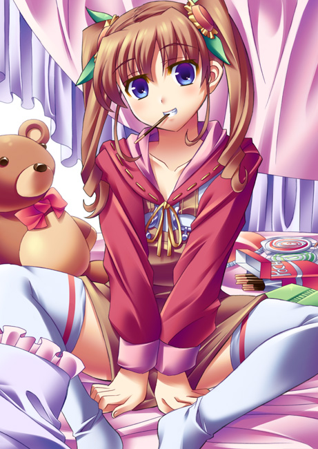 ibuki mana, nogizaka mika, nogizaka haruka no himitsu, bad id, bad pixiv id, 00s, 1girl, blue eyes, brown hair, female focus, food, grin, hair ribbon, mouth hold, pocky, ribbon, smile, solo, stuffed animal, stuffed toy, teddy bear, thighhighs, twintails, zettai ryouiki