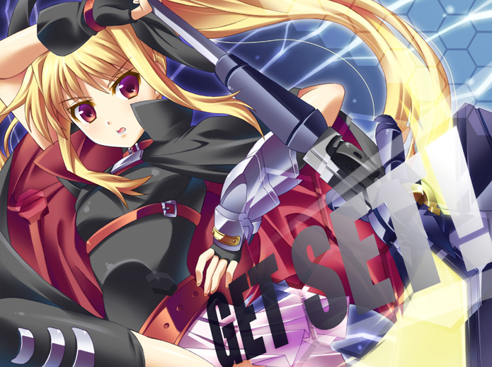 ibuki mana, bardiche (haken form) (nanoha), bardiche (nanoha), fate testarossa, fate testarossa (lightning form), lyrical nanoha, mahou shoujo lyrical nanoha, bad id, bad pixiv id, 00s, belt, blonde hair, cape, energy blade, fingerless gloves, gloves, long hair, red eyes, scythe, solo, thighhighs, twintails