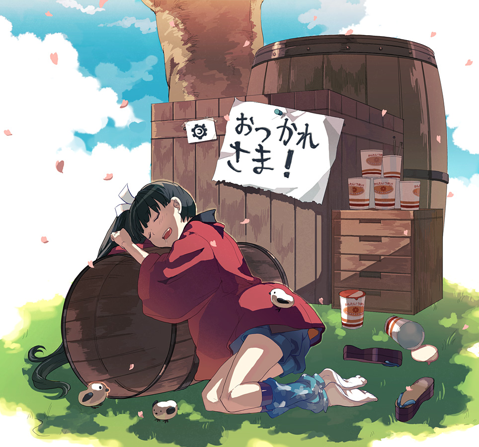 eihi, pixiv fantasia, pixiv fantasia 3, bad id, bad pixiv id, 1girl, akatsuhara empire, baby animal, barrel, bird, black hair, chick, chopsticks, clog sandals, closed eyes, crate, cup ramen, female focus, field, food, leg warmers, long hair, lying, noodles, okobo, open mouth, patterned legwear, petals, platform sandals, ramen, saliva, sandals, shoes, shorts, side ponytail, sleeping, socks, solo, tabi, unworn shoes, very long hair